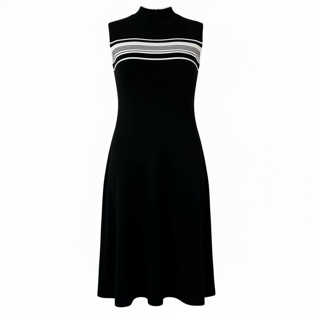 Vintage Crossing Point Bodycon Dress XL Black with‎ White Stripes & Mock Neck